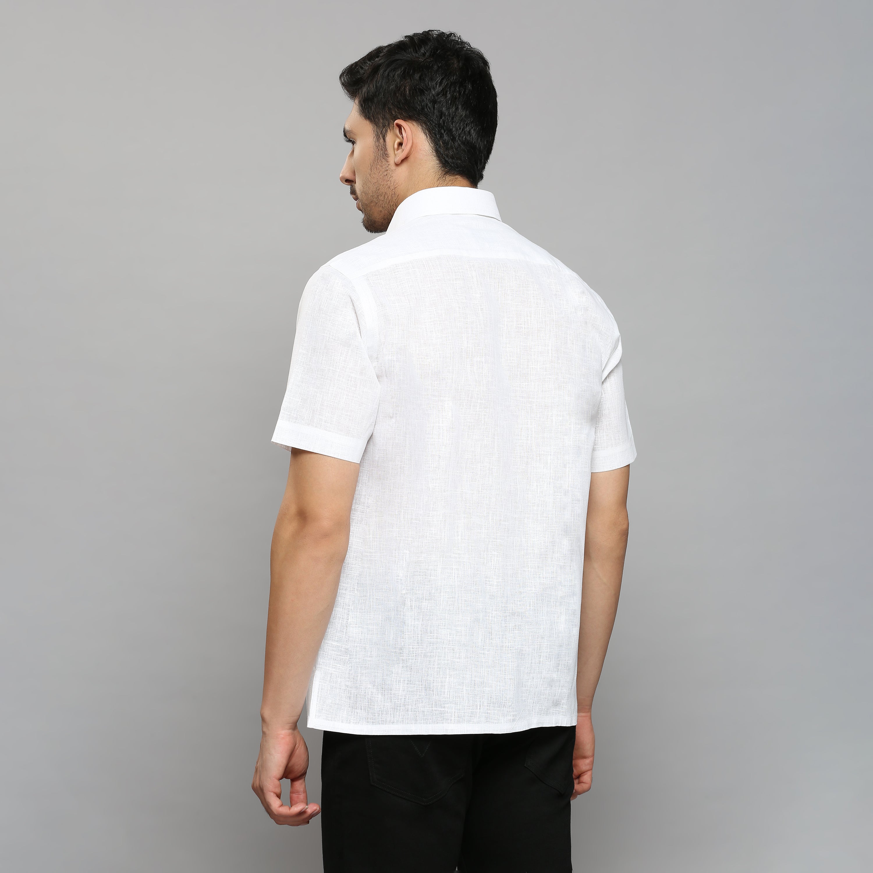 Linen-Look Fabric Starch White Shirt Half Sleeve
