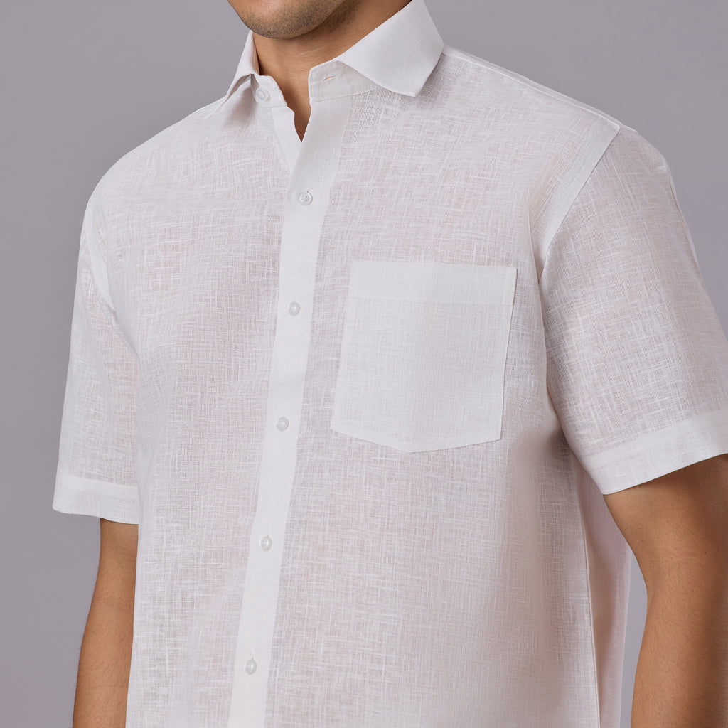 Linen-Look Fabric Starch White Shirt Half Sleeve