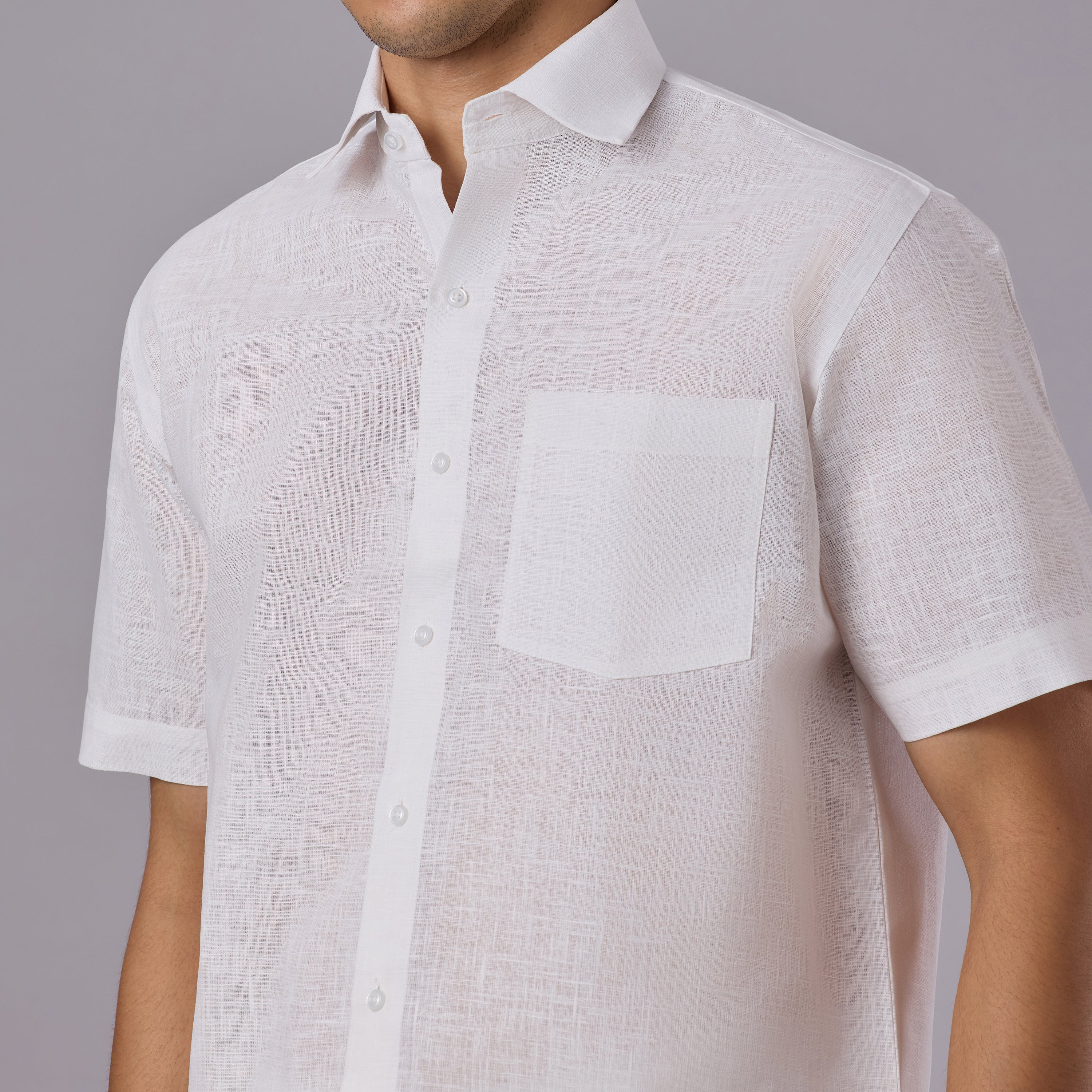 Linen-Look Fabric Starch White Shirt Half Sleeve