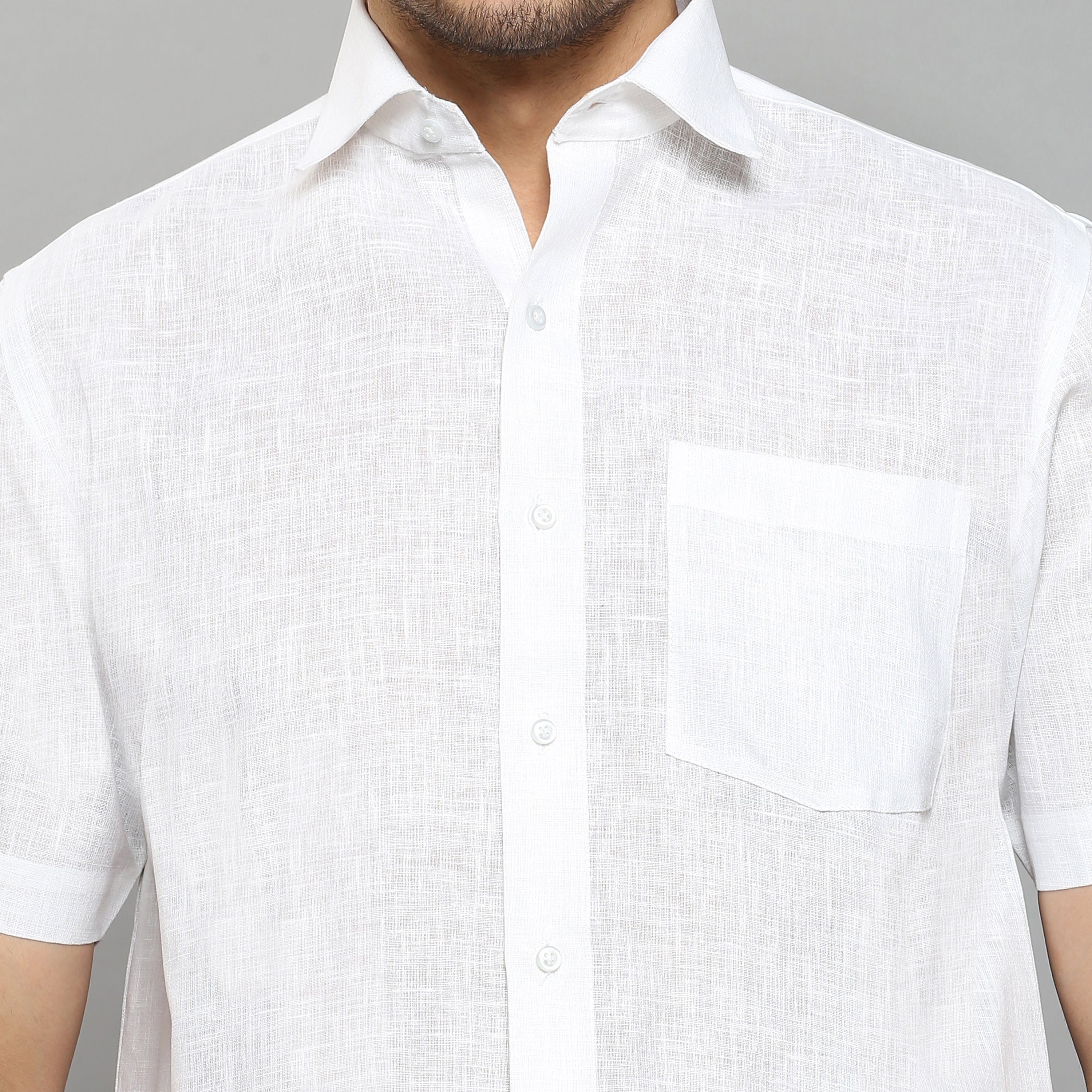 Linen-Look Fabric Starch White Shirt Half Sleeve