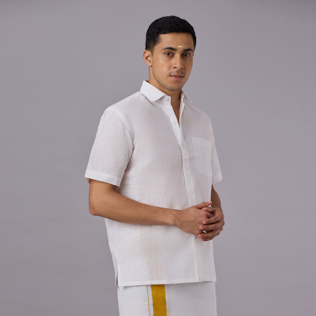 Linen-Look Fabric Starch White Shirt Half Sleeve