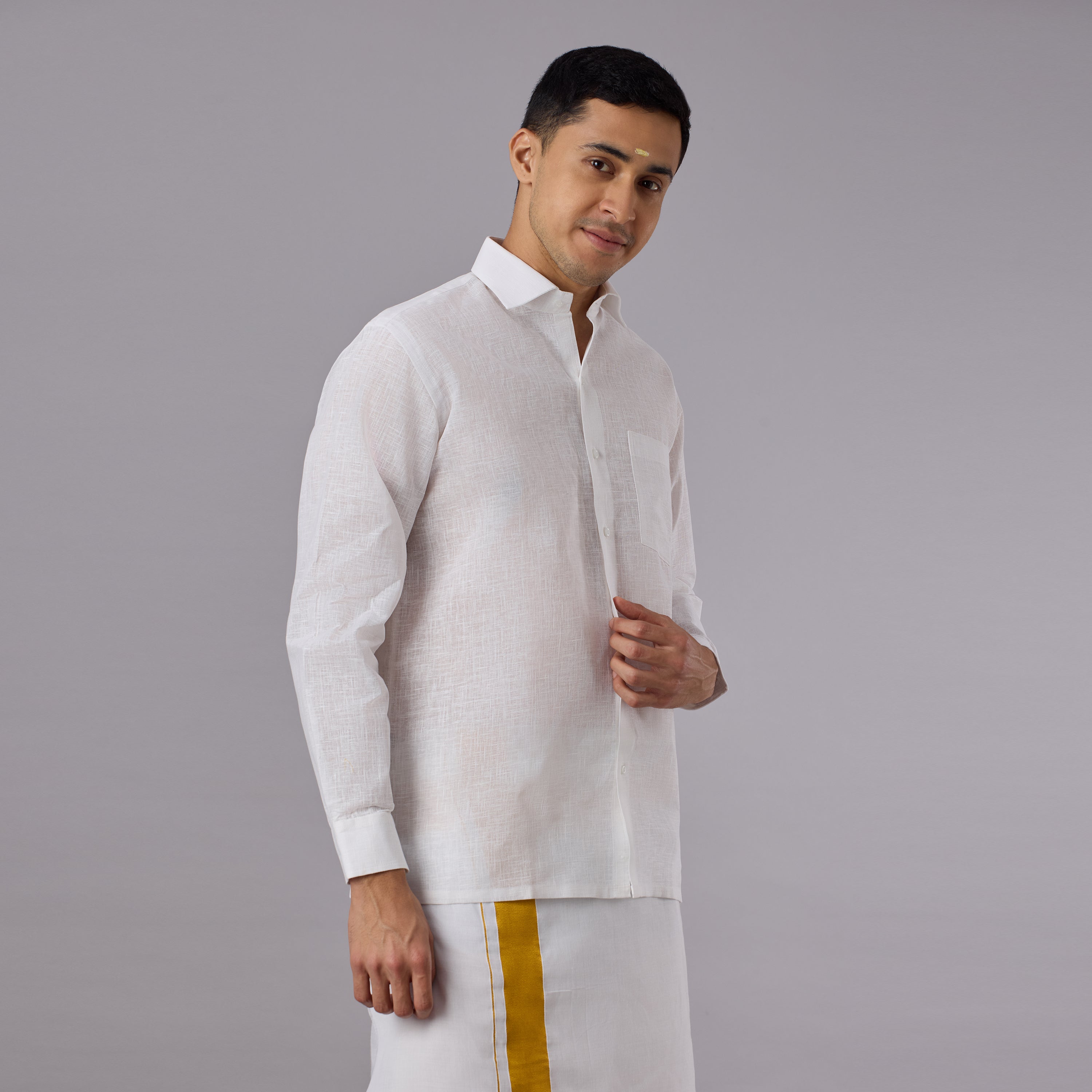 Linen-Look Fabric Starch White Shirt Full Sleeve