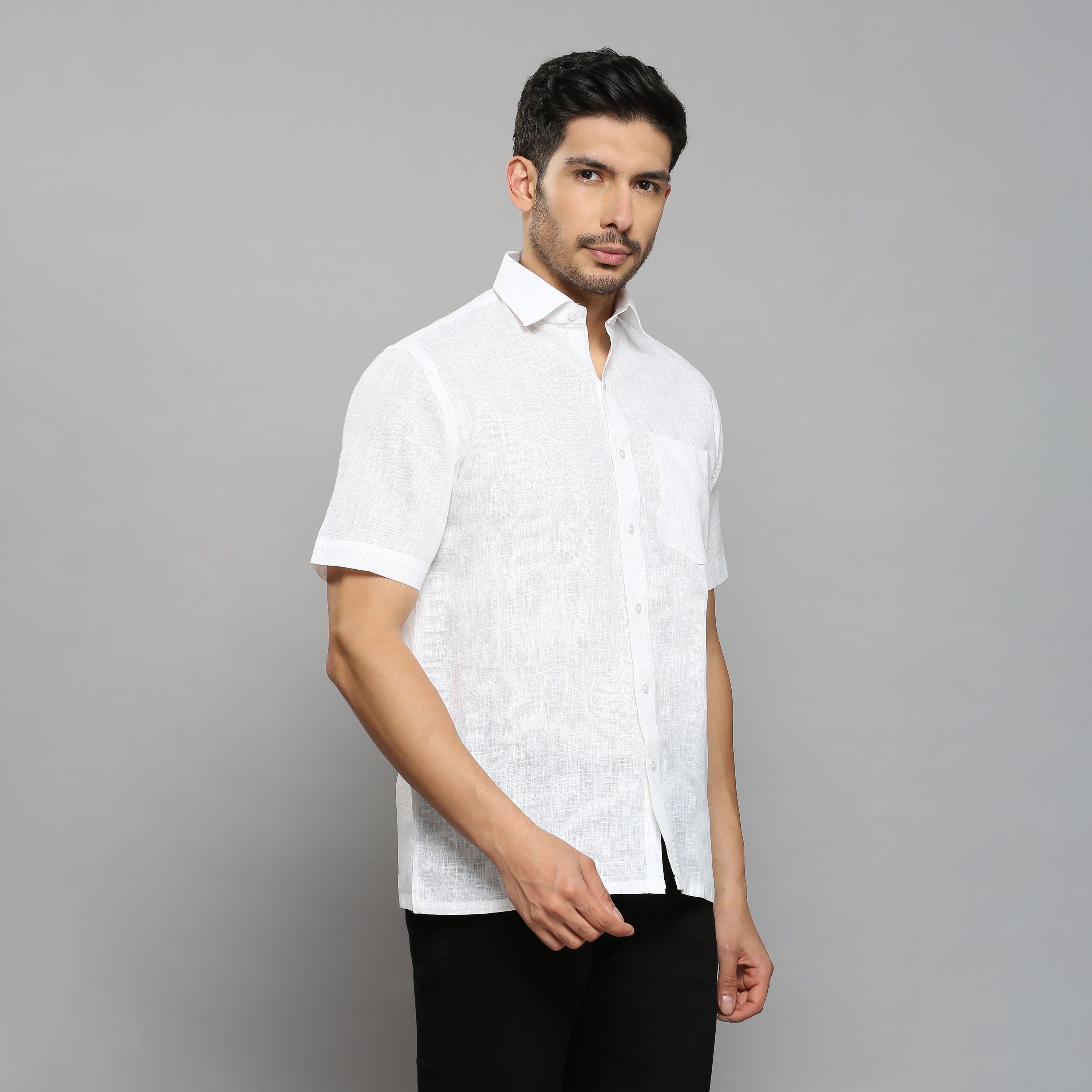 Linen-Look Fabric Starch White Shirt Half Sleeve