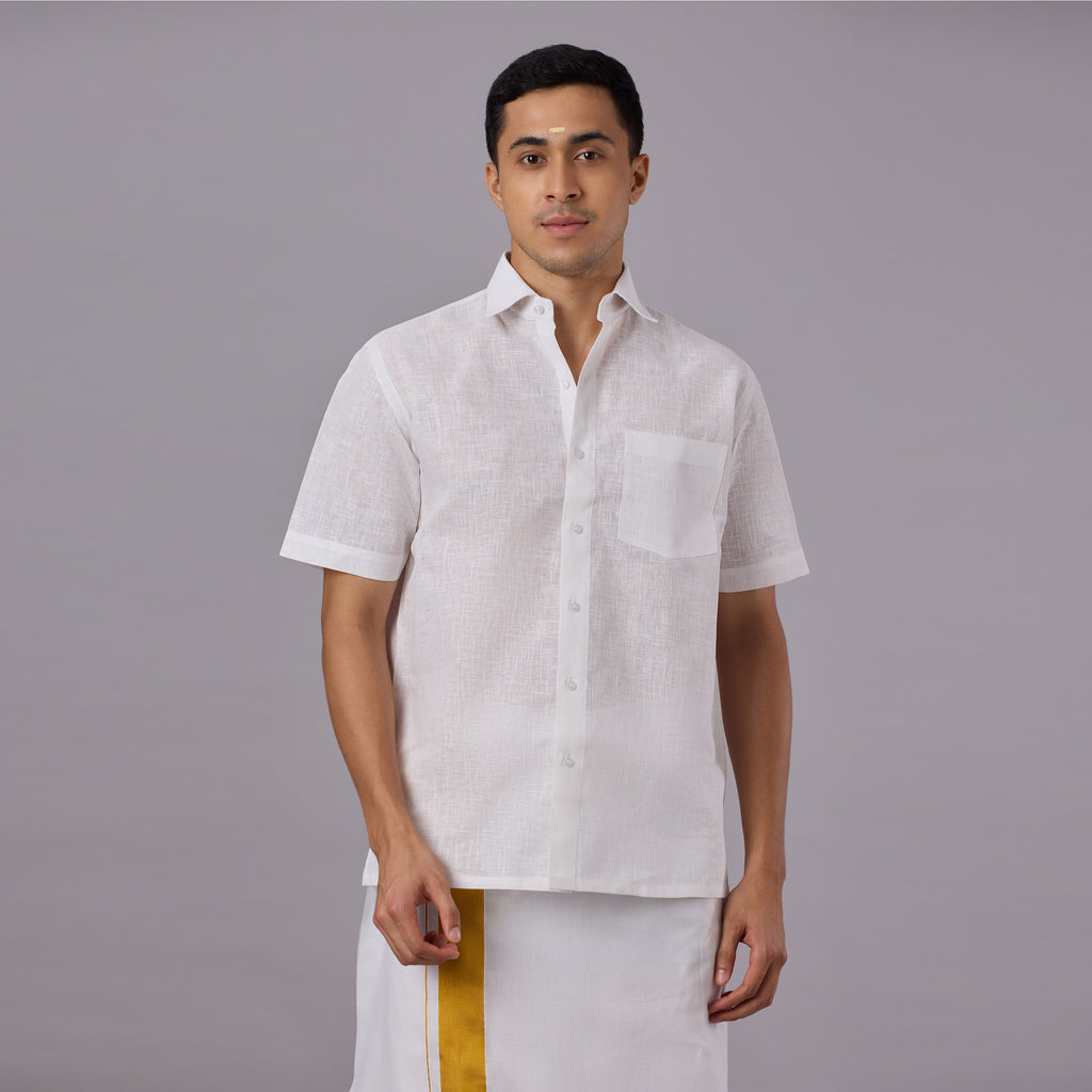 Linen-Look Fabric Starch White Shirt Half Sleeve