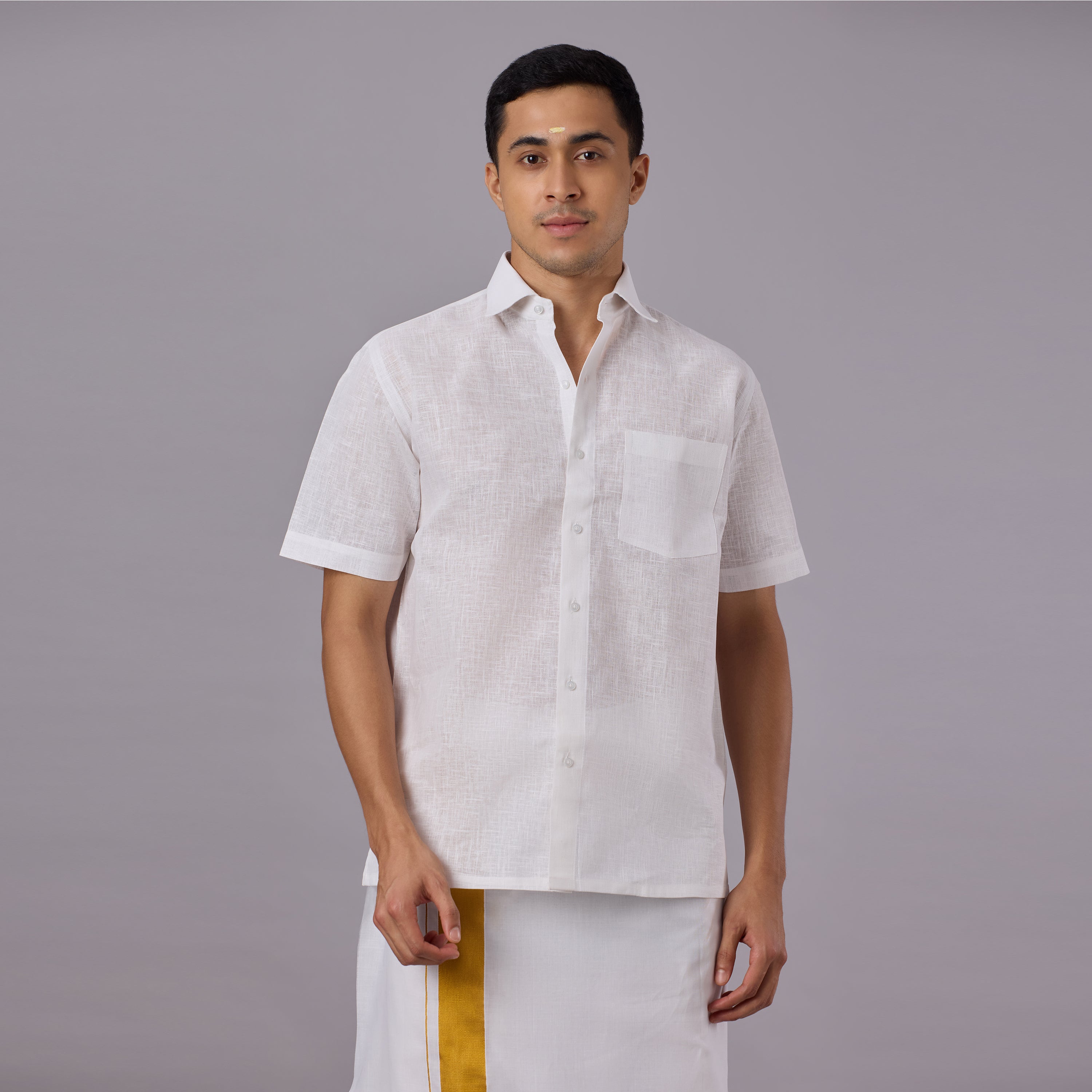 Linen-Look Fabric Starch White Shirt Half Sleeve