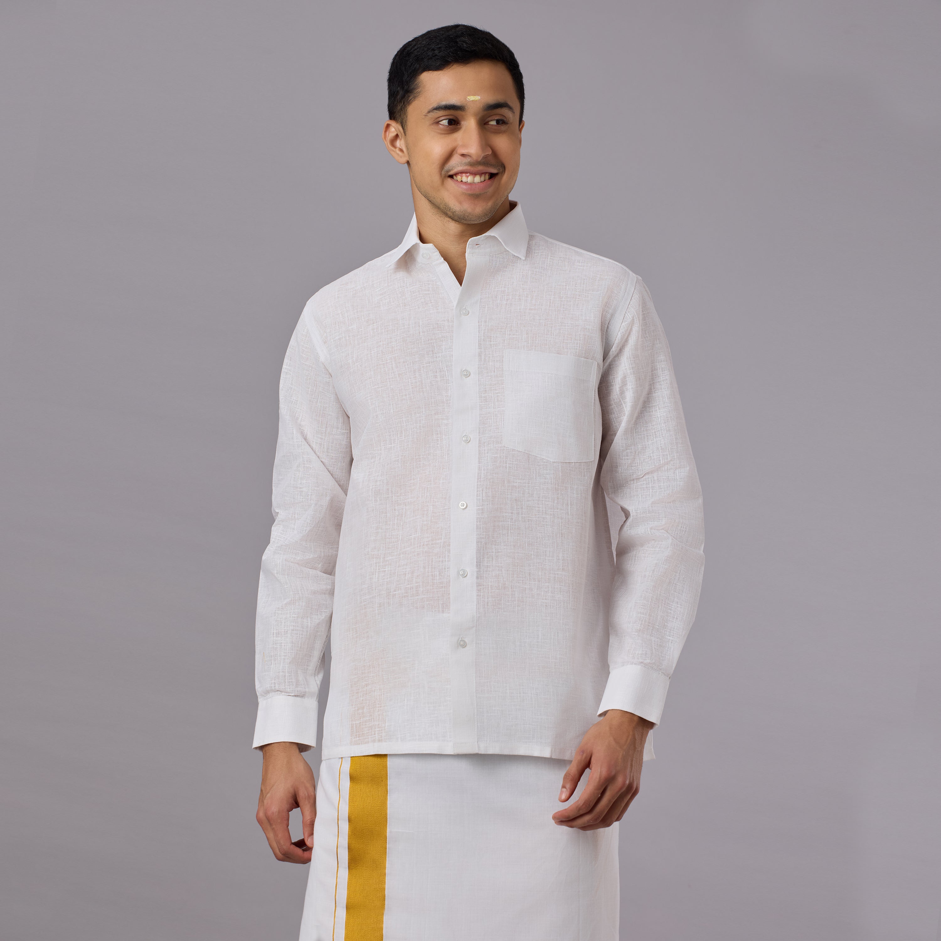 Linen-Look Fabric Starch White Shirt Full Sleeve