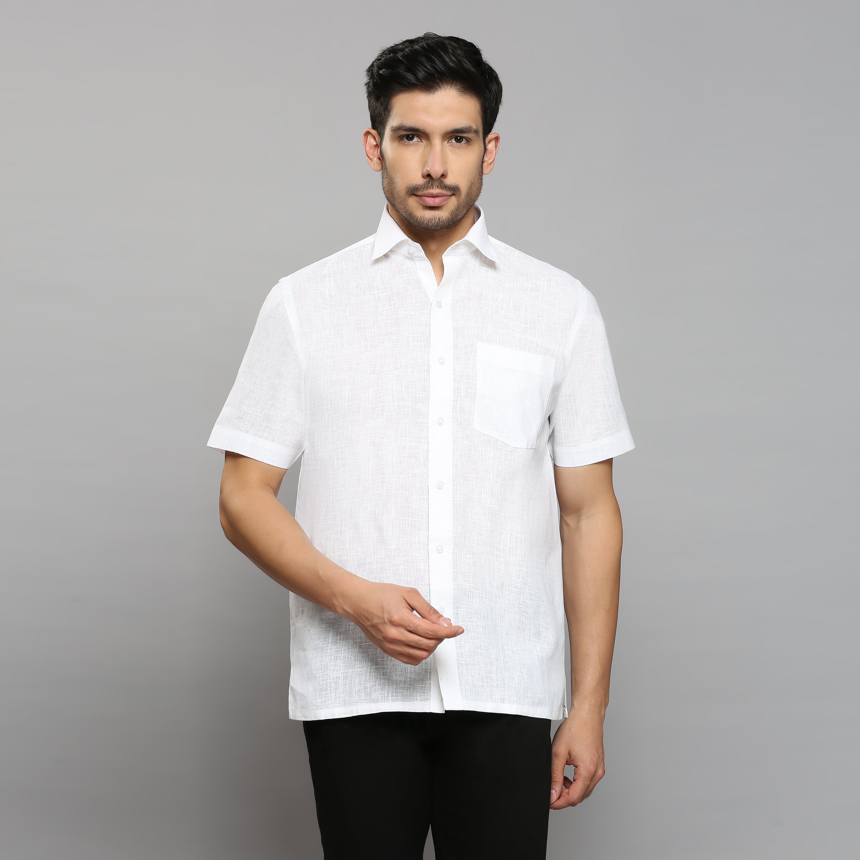 Linen-Look Fabric Starch White Shirt Half Sleeve