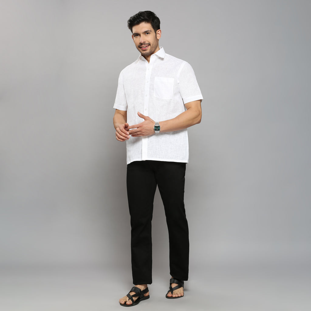 Linen-Look Fabric Starch White Shirt Half Sleeve