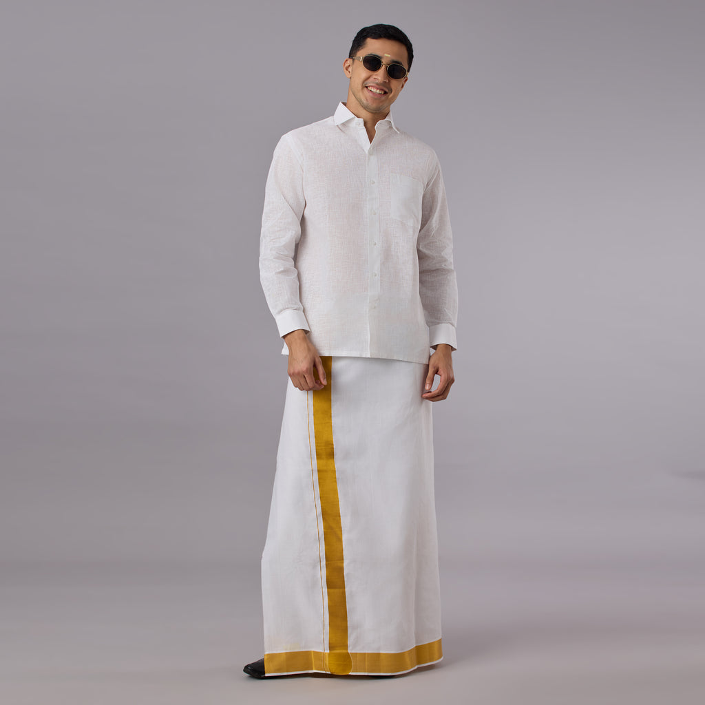 Linen-Look Fabric Starch White Shirt Full Sleeve