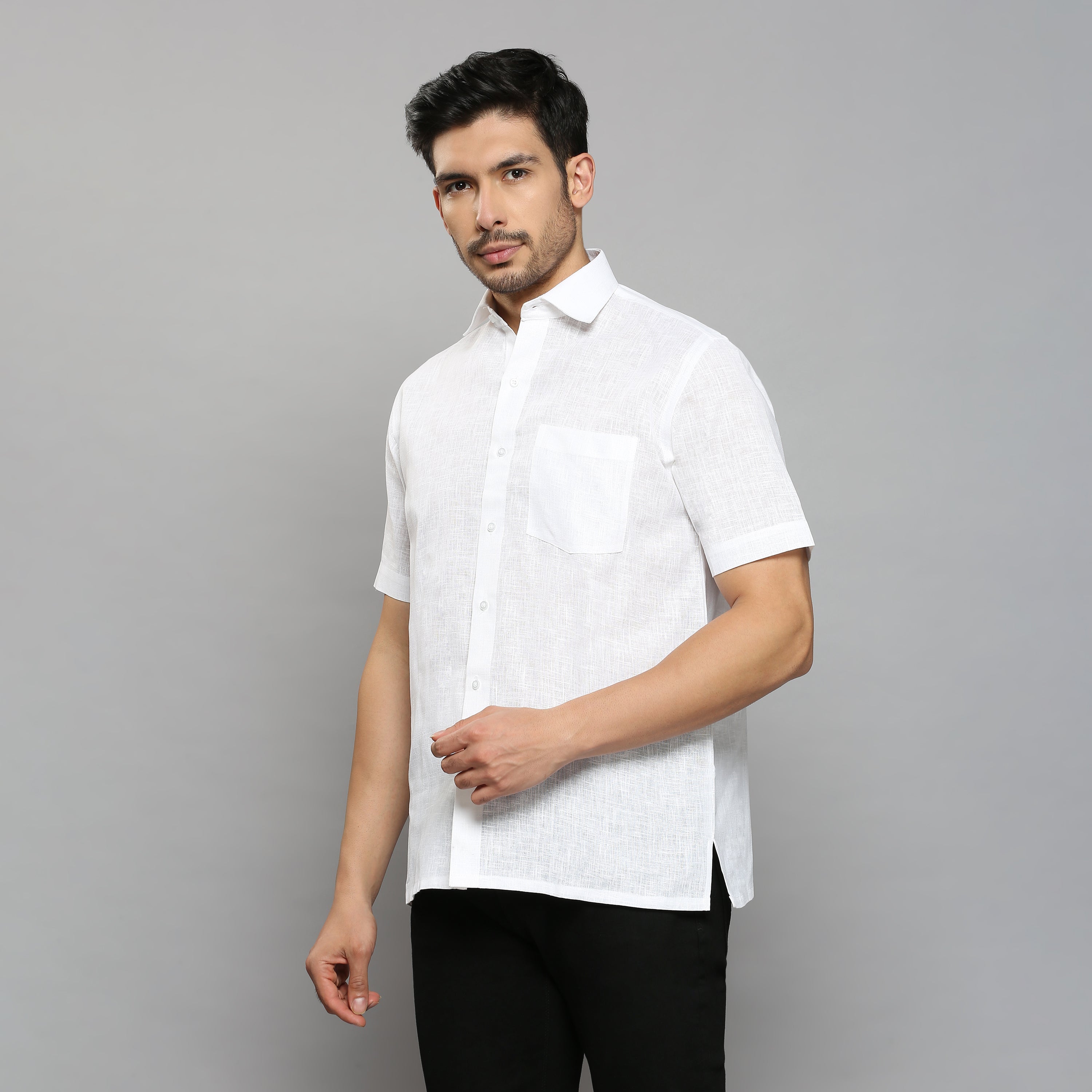 Linen-Look Fabric Starch White Shirt Half Sleeve