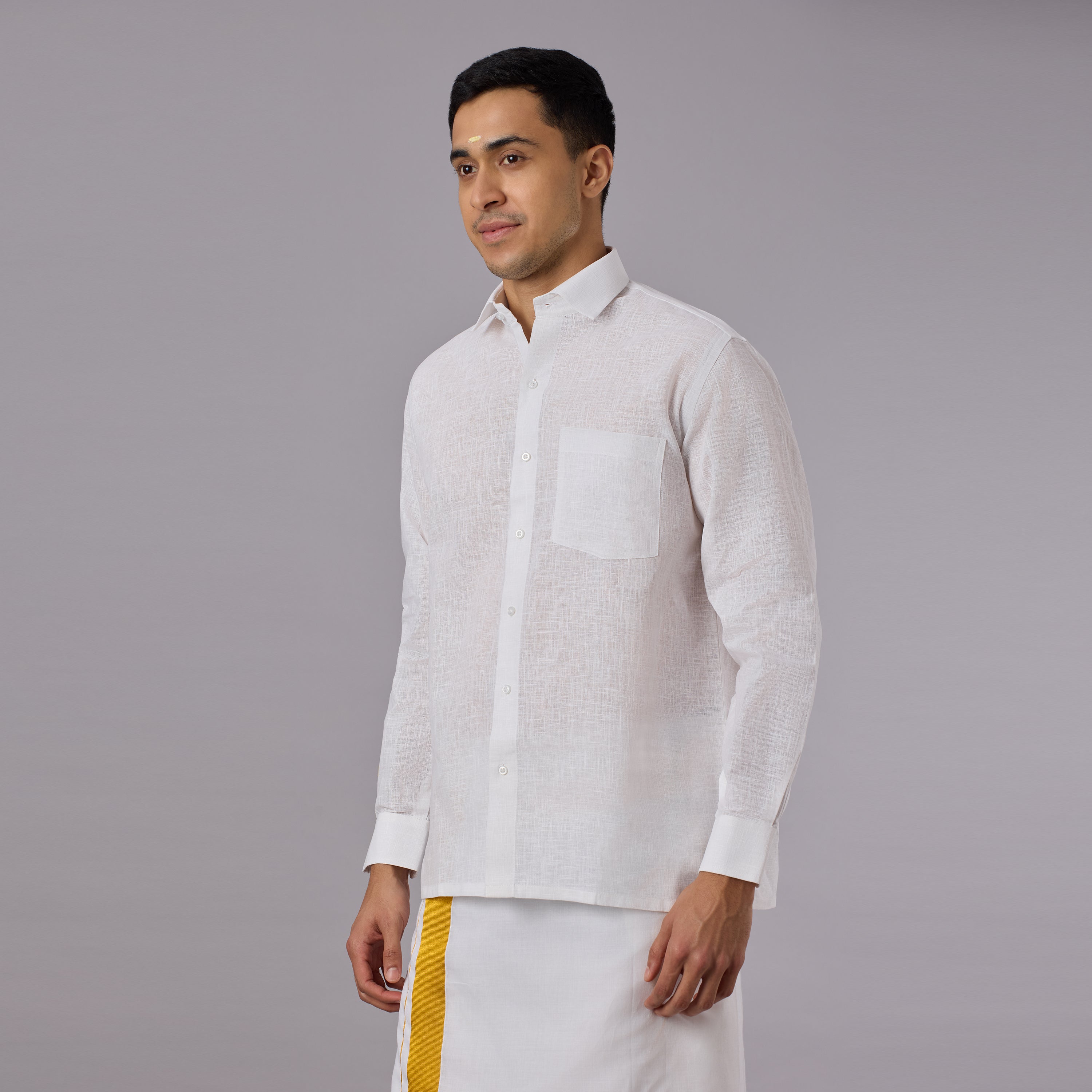 Linen-Look Fabric Starch White Shirt Full Sleeve